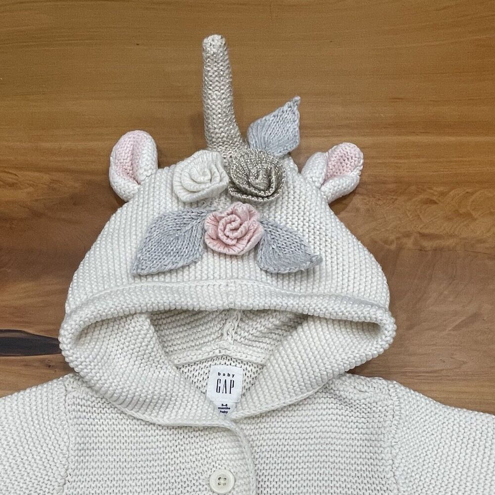 Baby Gap Ivory Brannan Unicorn Cardigan Sweater 3 6 9 12months flowers rose